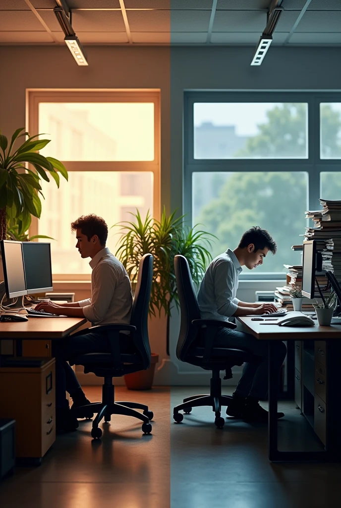 genera una imagen donde se refleje la buena ergonomía todo ordenado buena postura e iluminación en una oficina de administración de una universidad y una mala ergonomía👌 ósea mas desordenado  
