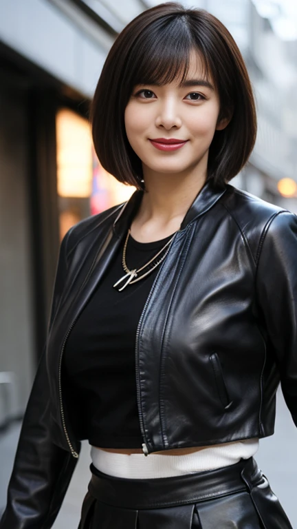 


最high quality, 8k, Vibrant, Sharp focus, high quality, High resolution, Middle-aged women, Mature Woman, 55 years old, (Whole Body Ezbian), (High heels face detail, Highly detailed eyes, Plump figure、Plump face、((big 1.6))、(((Large Breasts)))、((Black leather clothing))、Busy Street、(Bob cut short hair)、A kind smile、Leather Fashion、leather jacket、Leather skirt、