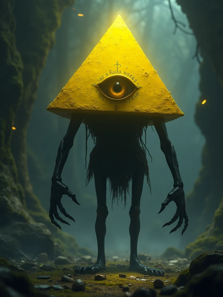 A character whose entire body is a miniature yellow pyramid, in the center of the pyramid has a scary eye, he has completely black legs and arms and extremely long and scary., RPG character style
