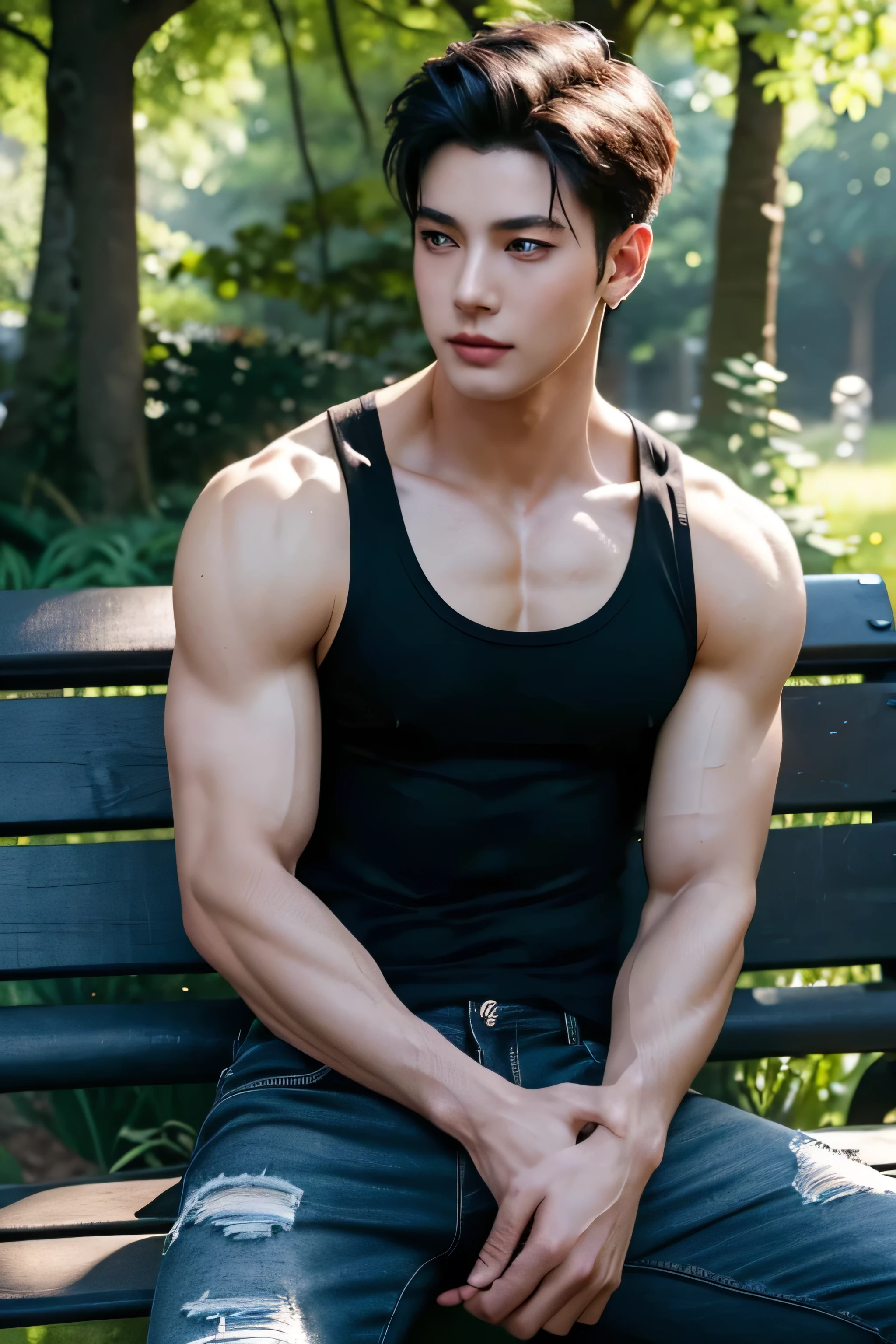 Cinematic composition of a young, handsome man in his 20s with a perfect, muscular physique and glowing skin, wearing a black tank top and black jeans. He is sitting on a park bench surrounded by greenery, with dappled sunlight filtering through the trees, creating a serene and calm atmosphere, trending on ArtStation.
