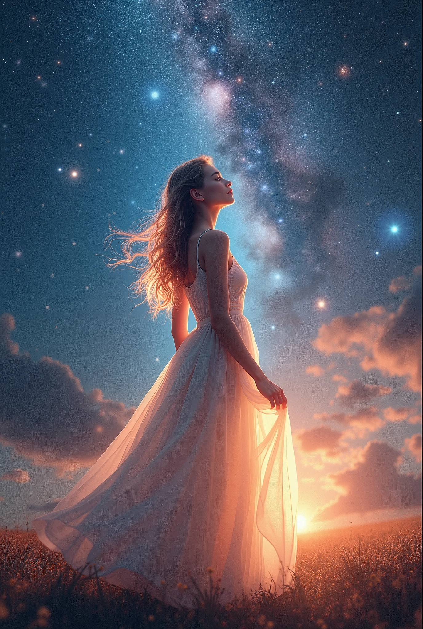 (best quality, 4k, high definition), beautiful girl with enchanting eyes, gazing at the beautiful galaxy, sparkling stars, gentle cosmic colors, ethereal atmosphere, peaceful serenity, celestial wonders, wonderful universe, beauty of stars, romantic stardust, celestial portrait, cosmic perspective, incredible cosmic art, galactic elegance, transcendent charm, celestial goddess, cosmic enchantment, cosmic girl admiring the magnificent galaxy, cosmic dream world, galactic daydream, cosmic masterpiece: 1.2, upper body, long skirt, standing, floating