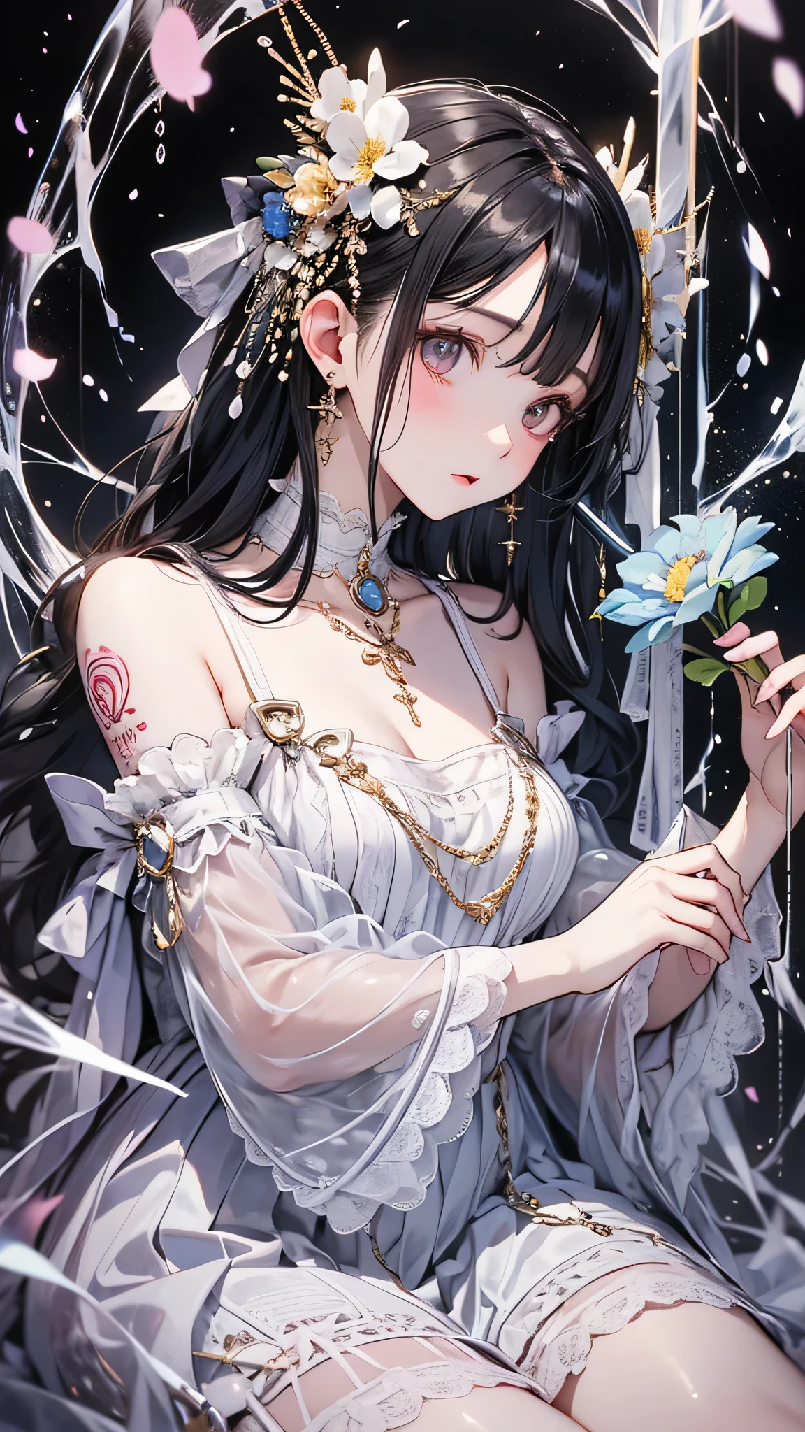 Tattoo on body、There is a woman holding flowers., album art, realism art, Sitting on an underwater throne, Art Cover, realism art style, album, Realistic art, Official Artwork, realism artstyle, music album art,  Realistic artwork, album Art Cover, Official Art, Little Peep, 