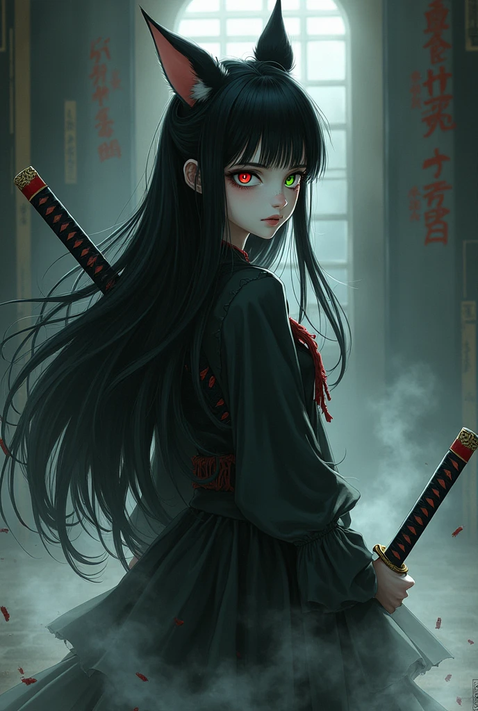 White-skinned girl with black hair, cat ears, one green eye and one red eye, with a large burn scar on her face., Demon Slayer Oni style