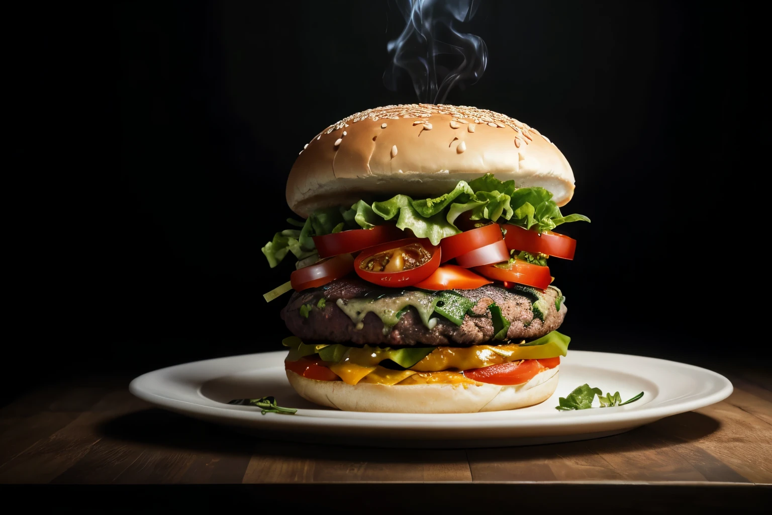 A delicious veg hot burger, cinematic dark view, highly detailed, ultrarealistic, 8k, HDR, dramatic lighting, dramatic shadows, moody atmosphere, appetizing, freshly cooked, steam rising, glistening buns, fresh tomatoes, crisp lettuce, melted cheese, mouth-watering, photorealistic, professional food photography, studio lighting, cinematic composition