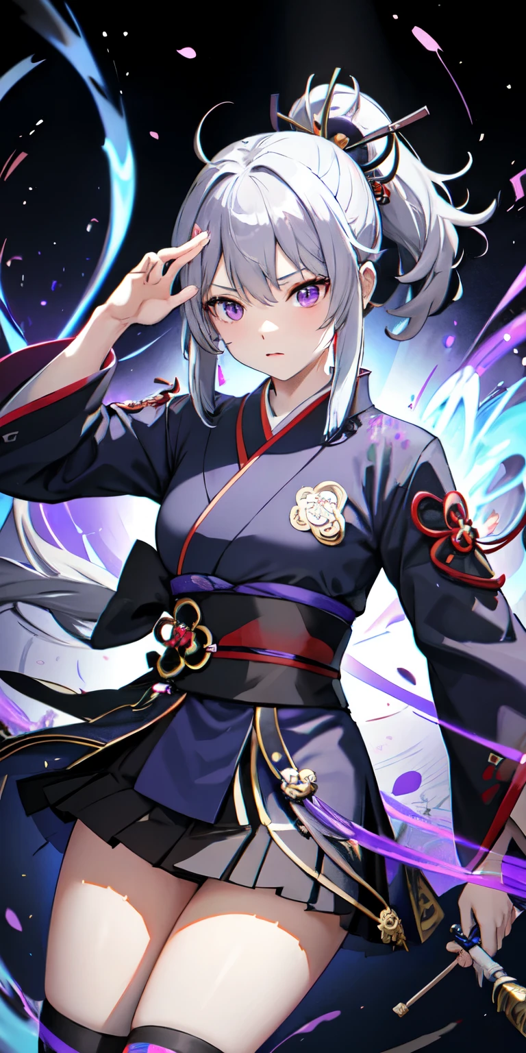 One person, kimono, ponytail ,Gray Hair, Purple eyes, magic circle, Blue Fire, Blue Flame, wallpaper, landscape, Blood, Blood splatter, Depth of written boundary, night, Particles of light, light, Side light, Thighs, destiny \(series\), Genshin Impact, ****, Open jacket, skirt, Knee socks, cloud