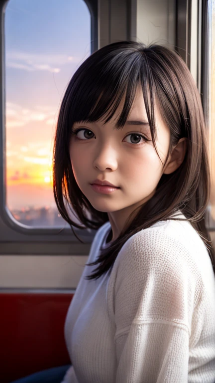 Anime girl sitting on a train looking out the window, Beautiful anime portrait, Portrait of Lofy at a window, beautiful anime girl, Portrait of Lofy, Lofi Girl, Portrait anime girl, guweiz style artwork, High quality portrait, with sunset, Attractive anime girl, Cute anime girl, Realistic cute girl painting, anime style. 8k