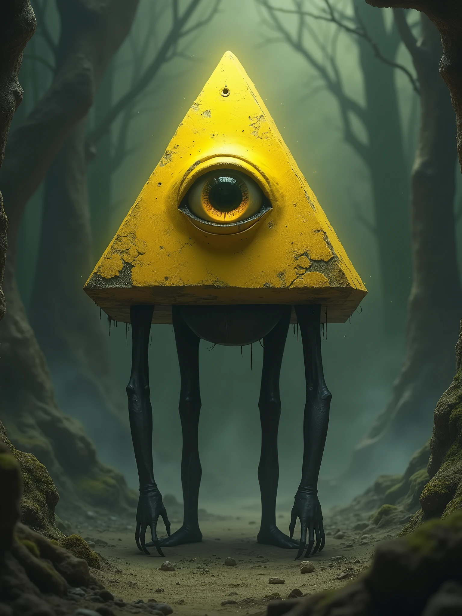 A character whose entire body is a miniature yellow pyramid, in the center of the pyramid has a scary eye, he has completely black legs and arms and extremely long and scary., RPG character style