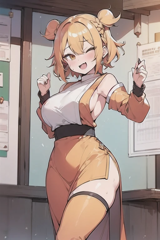 (1 Cute naughty monk girl:1.7), Pastel colors hair, (Excessively overwhelmingly gigantic huge breasts:1.7, Thighs:1.2, thick legs:1.2, curvy:1.2), yellow orange hair, (undercut:2.0, short two side up:1.4, medium hair:1.8), (naked:1.4), standard height, (blush:1.2, fang:1.2, ;d), at the adventurer's guild, A bulletin board with posted paper, fighting stance
