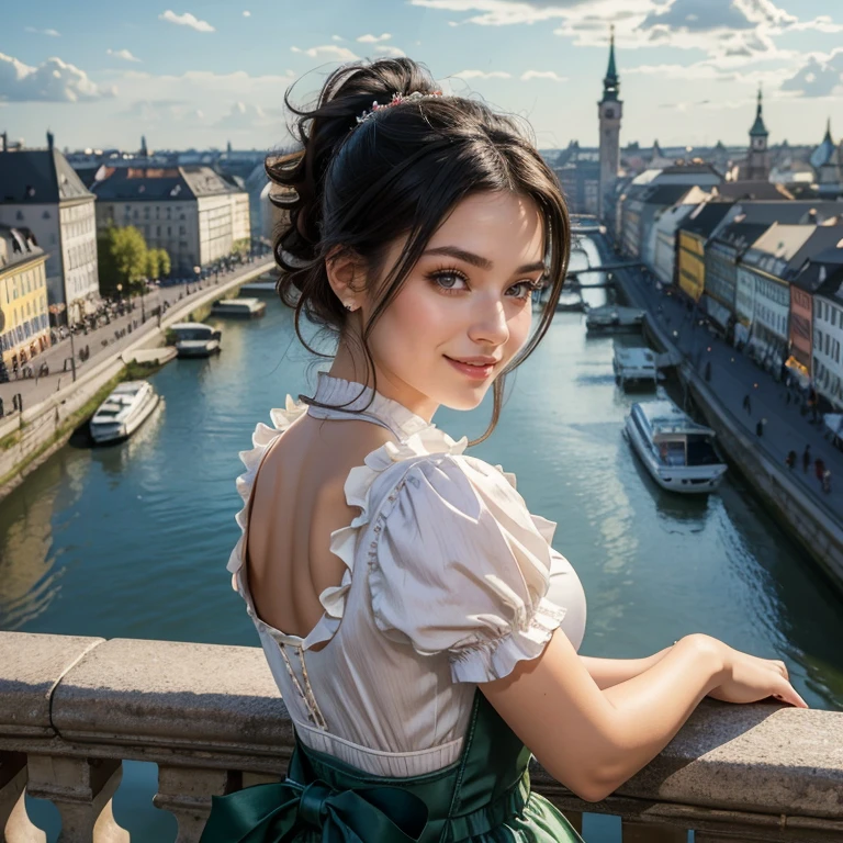 (​masterpiece, best quality:1.5), highest quality, High resolution, super detailed, Realists, Full body photo of a 22-year-old woman with black hair, detailed and beautiful eyes, beautiful detailed lips, very detailed eyes and face, longeyelashes, A 22-year-old woman in a shiny satin dirndl, Beautiful and colorful makeup, elegant and noble々Pose, Hairband, ponytail hairstyle, Munich as a backdrop, bright daylight, bright colors, fine brushstrokes, Portrait style, beautiful color palette, glowing skin, First-class rendering, that captures every detail, enchanting atmosphere, (perfect anatomy:1.2), (The stunning woman wears a dirndl. Smiling in love,  (magnificent panorama view:1.2)