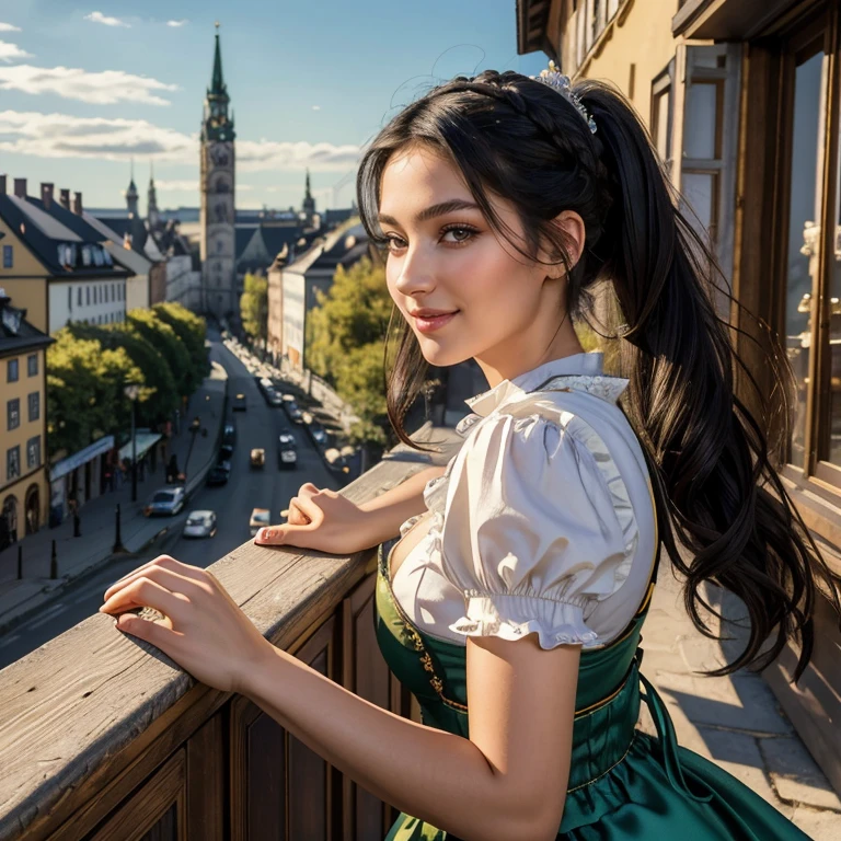 (masterpiece, best quality:1.5), highest quality, High resolution, super detailed, Realists, Full body photo of a 22-year-old woman with black hair, detailed and beautiful eyes, beautiful detailed lips, very detailed eyes and face, longeyelashes, A 22-year-old woman in a shiny satin dirndl, Beautiful and colorful makeup, elegant and noble々Pose, Hairband, ponytail hairstyle, Munich as a backdrop, bright daylight, bright colors, fine brushstrokes, Portrait style, beautiful color palette, glowing skin, First-class rendering, that captures every detail, enchanting atmosphere, (perfect anatomy:1.2), (The stunning woman wears a dirndl. Smiling in love, (magnificent panorama view:1.2)
