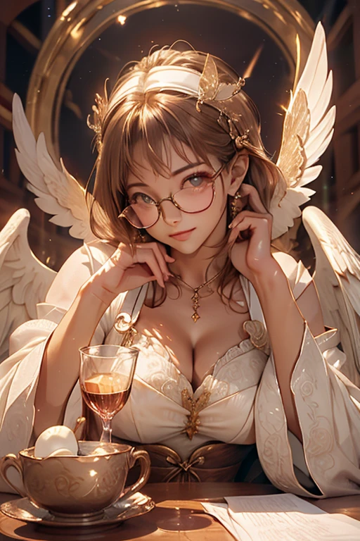 Highest quality、masterpiece、High sensitivity、High resolution、Detailed Description、Slender women、A cup bust、Glasses、Circle of angels overhead、Large wings of an angel、
