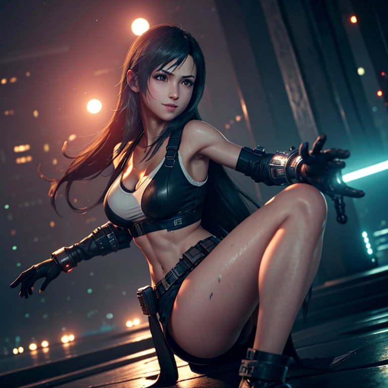  ((Master quality, 8K, masterpiece:1.3, ultra-detailed, high resolution, RAW Photos, detailed , blurry, Actual, hyper realistic, photo, HDR)), BREAK, perfect anatomy, perfect hands, perfect legs, perfect feet, detailed eyes, BREAK, One person alone, ff7r style, tifa lockhart,, beautiful face, beautiful detailed eyes, (dynamic posing ), long hair, ( Round and Stacked Breasts ), Cleavage, seductive  smile:1.5, Sweat-soaked skin, BREAK, wearing( ), , Graffiti art, BREAK, ( Random Angle, full-body, ), dynamic angle, , background(Realistic , cinematic lighting, depth of field, night , the full moon,, cyberpunk city atmosphere light particles, , )