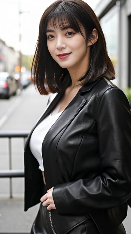 最high quality, 8k, Vibrant, Sharp focus, high quality, High resolution, Middle-aged women, Mature Woman, 55 years old, (Whole Body Ezbian), (High heels face detail, Highly detailed eyes, Plump figure、Plump face、((big 1.6))、(((Large Breasts)))、((Black leather clothing))、Busy Street、Random Hairstyles、A kind smile、