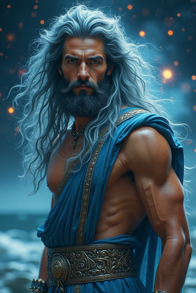 masterpiece, Ultra detailed artistic photography of poseidon., 1 man, perfectly drawn face, 8k photorealistic resolution, ultra high quality model, long hair, greek god costume, detailed space background, 32k, light blue black long hair, athletic man, perfect anatomy, cinematic lighting, intricately detailed, complex, elegant, red tetradic colors, volumetric lighting