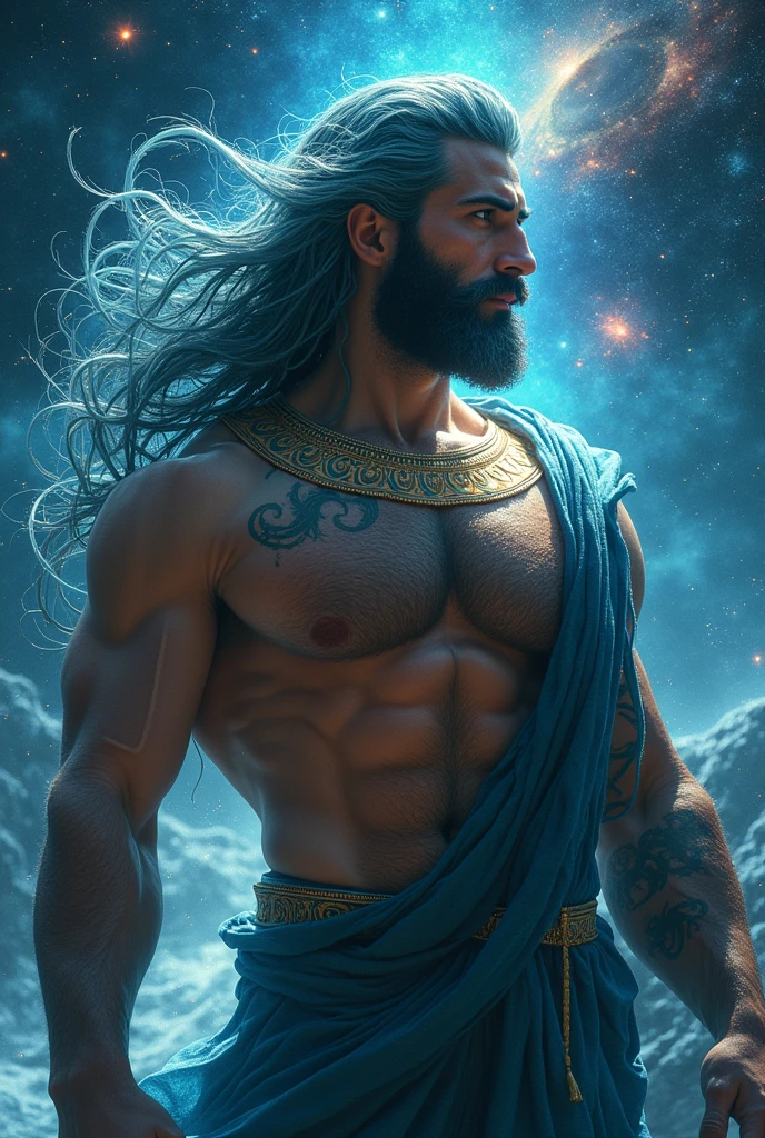 masterpiece, Ultra detailed artistic photography of poseidon., 1 man, perfectly drawn face, 8k photorealistic resolution, ultra high quality model, long hair, greek god costume, detailed space background, 32k, light blue black long hair, athletic man, perfect anatomy, cinematic lighting, intricately detailed, complex, elegant, red tetradic colors, volumetric lighting