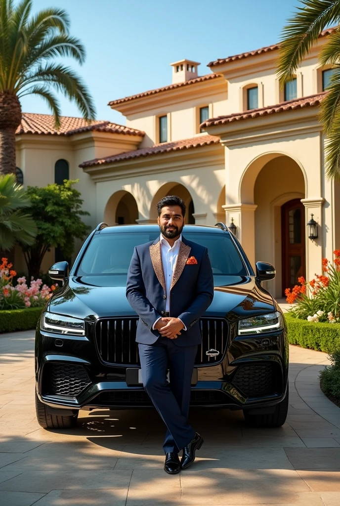 Rich indian Me standing near his expensive black suv car  Outside his luxurious vila