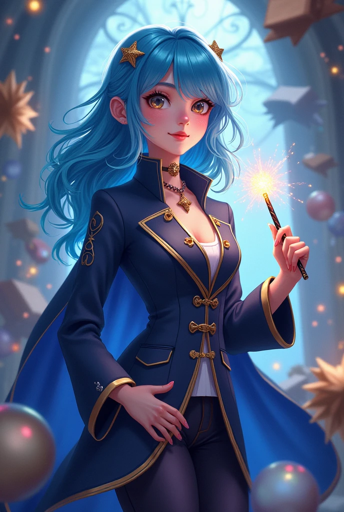 Female Vtuber standing illustration Cute blue hair magician