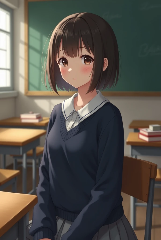 Highest quality, Face Focus, Soft Light, Ultra-high resolution, (Realistic:1.4), RAW Photos, 1 Japan, alone, cute, (A shy smile:0.5), (Brown eyes, Light in your eyes), Beautiful face in every detail, (Small box),(High resolution detail of human skin texture), (Short Bob Hair), break, In the classroom,Navy uniform, Best, skirt