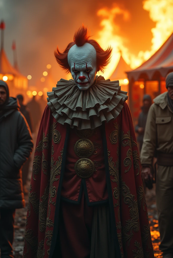 A very sad clown, behind burning circus, surrounded by homeless people. 3D isometric effect ultra-detailed intricate insanely full HD, full body portrait, hyperrealist artwork, cloak, surreal scene, photorealistic digital painting cinematic film light, expressive eyes, golden ratio, volumetric modeling, spotlight embroidery, accents, intense gaze, crying, , low-angle shot, panoramic shot, close-up portrait, the circus of horror in the city