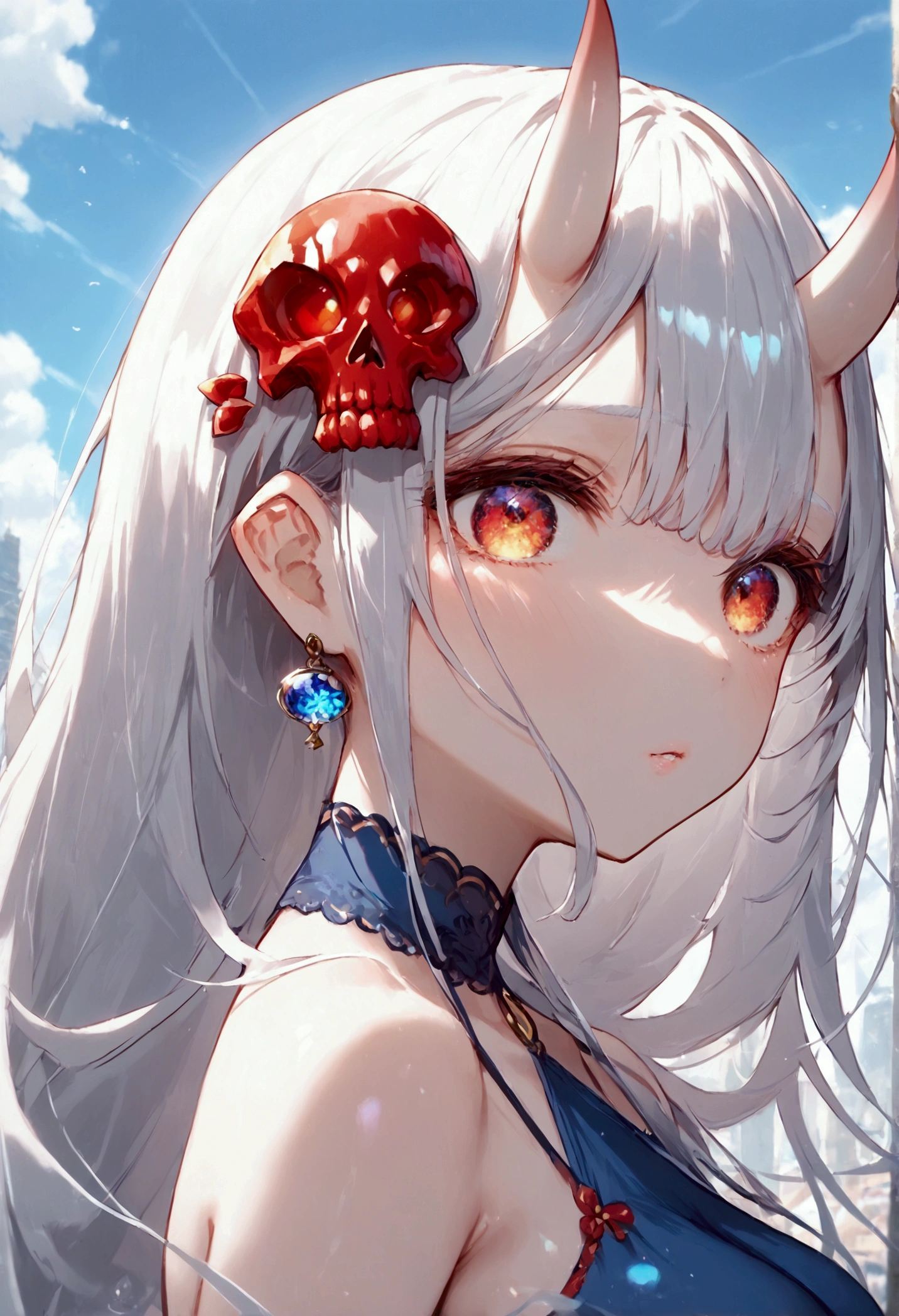 score_9, score_8_up, score_7_up, source_anime, (masterpiece), best quality, expressive eyes, perfect eyes, perfect face, oni girl, oni horns, red eyes, soft lips, long hair, very long hair, wide hips, (white hair:1.2), (white eyebrows:1), (white eyelashes:1), medium breasts:0.5, higuchi madoka, big breasts:0.3, standing, background: City, blue dress, long sleeves, Skull hair ornament