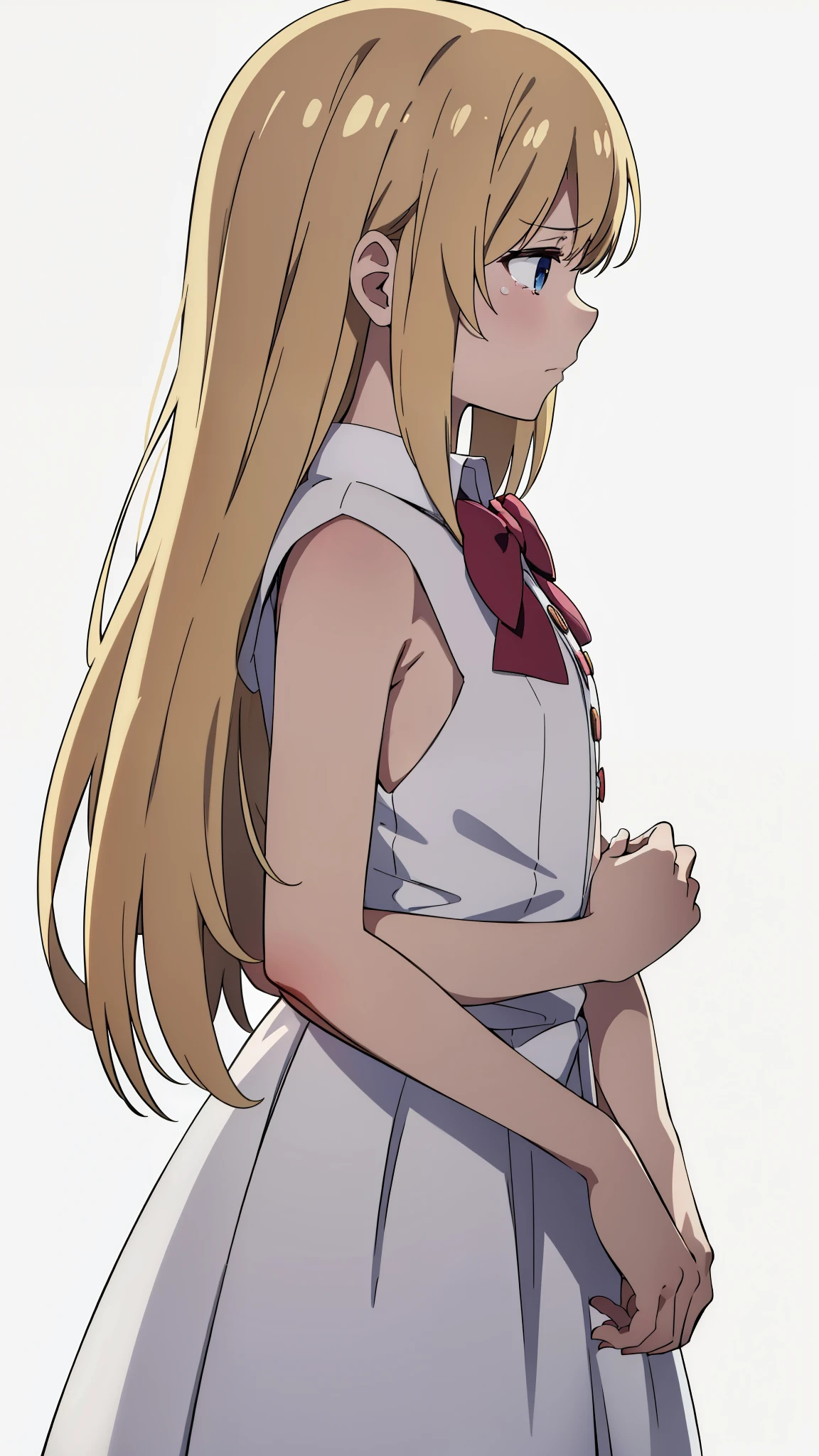 (1girl,10 years old),blonde hair,long hair,white dress, sleeveless, bow tie, bare shoulders,sad,crying,(white background,simple background),extra arms,four arms,profile