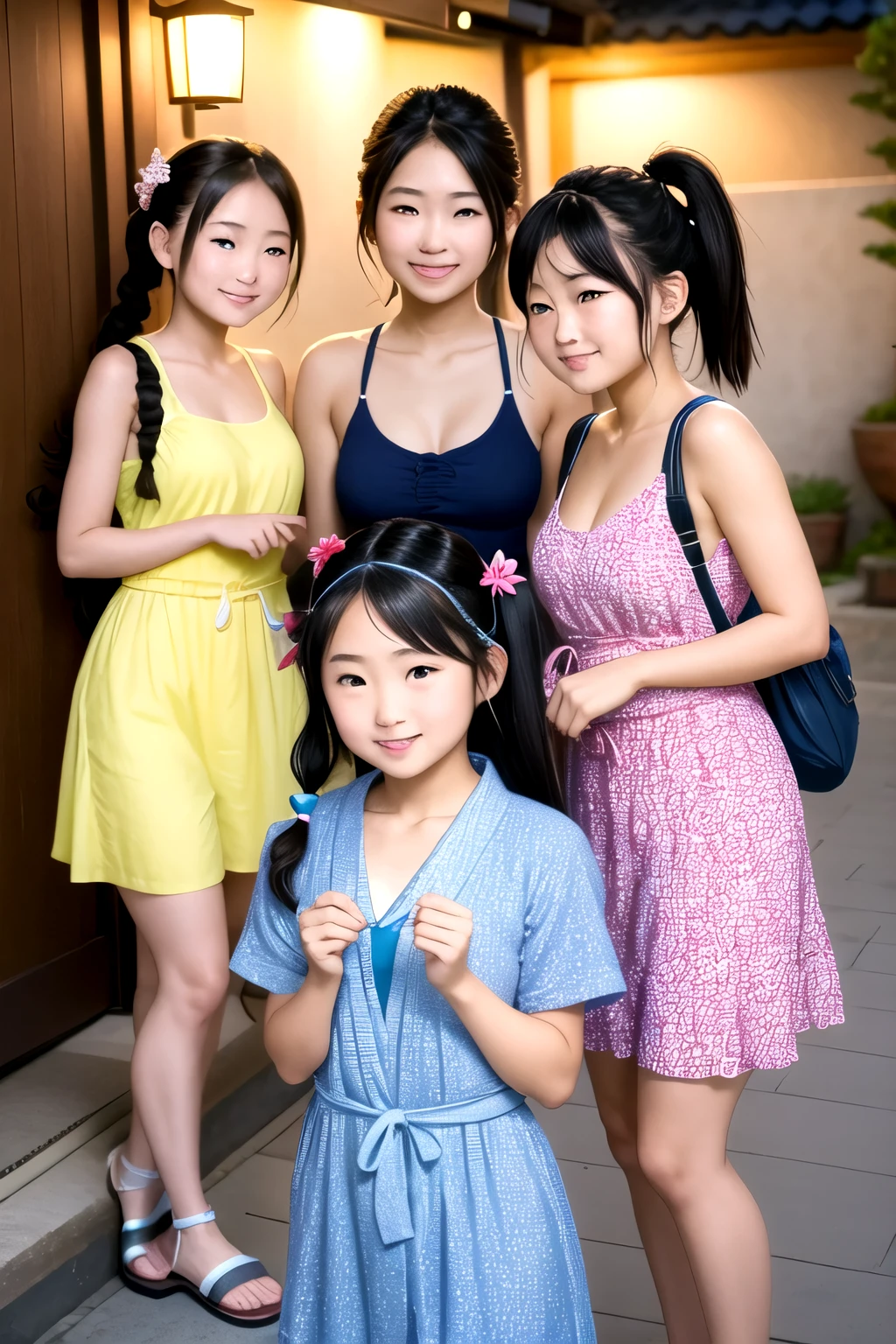 Girl dressed to go on an adventureskin texture、((three beautiful teenage women:1.5))、cute hairstyle、huge breasts、smile、Fresh one-piece style、Choose a cute yukata with a floral pattern or pastel colors.、Please wear flat sandals on your feet..、Add accents with a basket bag or headband、By incorporating bright colors and patterns、、Creates a gorgeous and cute impression、((night、深night))、(braided ponytail、cute hair cot'I enjoy participating in local summer festivals in the summer..、、Dressed as Little Red Riding Hood、bustup、Walking while humming、Looks like a lot of fun、There is a basket with apple pie、Take low-angle shots, Girls dressed to go on an adventure