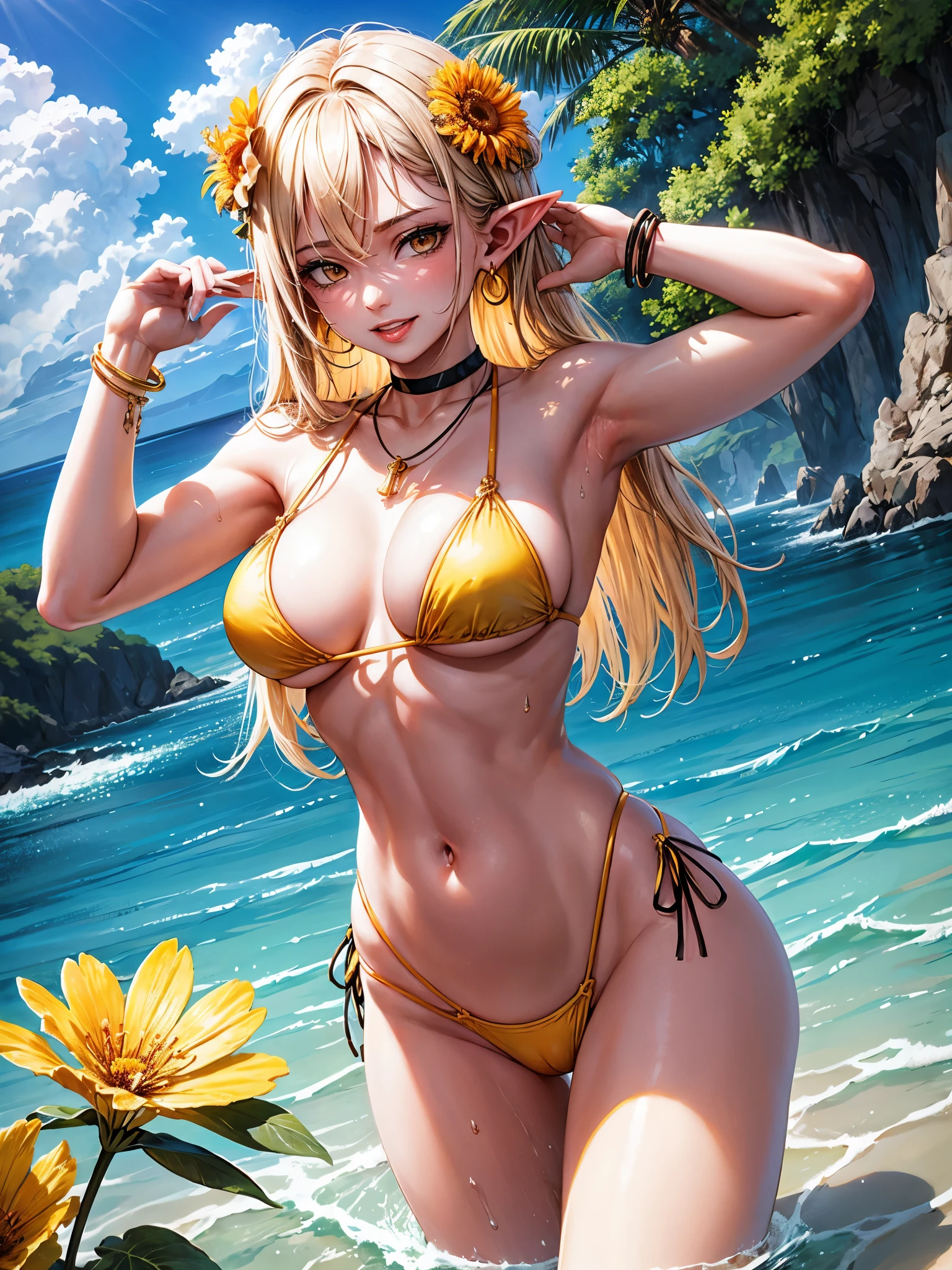 Armpit Show,Full nudity,1 person, Big Breasts, alone, Woman with dark skin, jewelry, Long Hair, Goblins, Pointy Ears, belly button, Outdoor, Underarm, wood, smile, flower, water着, bikini, Looking at the audience, Day, dark Goblins, Bangles, necklace, hair ornaments, Please raise your hand, palm wood, Hair between the eyes, Orange eyes, Earrings, Yellow Hair, null, hair flower, Cowboy Shot, very Long Hair, bangs, Lips parted, Stomach, blue null, Put your arms behind your head, choker, Cleavage, cloud, yellow bikini, Side Lock, Ocean, yellow flower, orange bikini, flower necklace, bikini bottom only, mismatched bikini, water, clavicle, topless,Vaginal,Sex,Woman standing on top,Cum in pussy,Sweat,girl trembling with Sexual climax,Breast milk,Put your arms behind your head,Spread your legs,Ahegao,orgasm