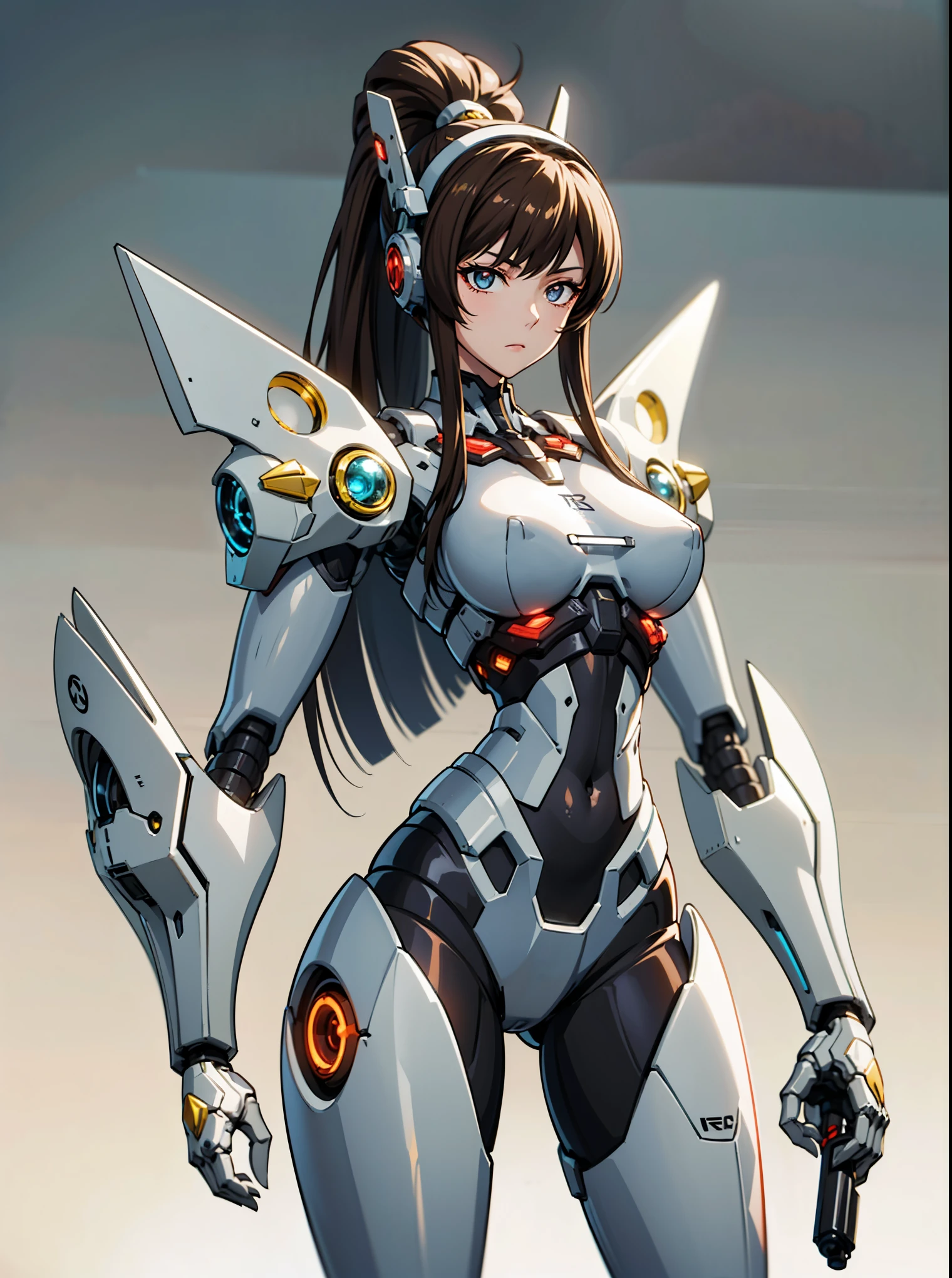 Close up portrait of woman in futuristic costume holding gun, Cyberpunk anime mech, Cute Cyborg Girl, beautiful少女サイボーグ, Digital Cyberpunk Anime Art, anime cyberpunk art, perfect Anime Cyborg woman, Cyberpunk anime, beautiful白人少女サイボーグ, female Cyberpunk anime, Cyborg- , Anime Cyborg, Very detailedなアートジェム, Digital Cyberpunk - Anime Art、((8k)), ((32K)), ((Highest quality)), ((masterpiece)), ((超High resolution)), ((Tmasterpiece)), (((head shot:1.6)))、((8k)), ((32K)), ((Highest quality)), ((masterpiece)), ((超High resolution)), Fine skin、女性1 person、Expose your shoulders、Brown Hair, Machine eyes glowing red, Long and high ponytail, hair band, 1 person、Age 25, Japanese Mature, beautiful指, beautiful長い脚, beautiful体, beautiful鼻, beautifulキャラクターデザイン, Perfect Eyes, Perfect Face, jewelry, hair ornaments, king of fighters,((Expressionless))、((Machine eyes glowing red))、 (Tabletop, Highest qualityの, Highest quality, beautifully、beautiful: 1.2), Very detailed, More detailed,適切な体のProfessionalポーション,Tabletop,Ultra-high quality output images,High resolution,Intricate details,Very delicate and beautiful hair,Realistic photos,dream-like,Professionalの照明,Realistic Shadows,Focus Only, (Big Breasts:1.2,) , フローティングスカートFine skinの質感, High quality fabric, High quality metallic texture、((Beautiful and dense face))、RAW Photos、Professional, Ultra-fine painting, ((alone)), beautiful胸、Highest quality, Very detailed, Very detailed詳細, Finer details, so beautiful,(Five Fingers, Four fingers and thumb),Concept Art, Anime fantasy artwork, Detailed fantasy art,8kHigh resolution, Detailed Art, 8 Slim legs, Defined, Defined fingers