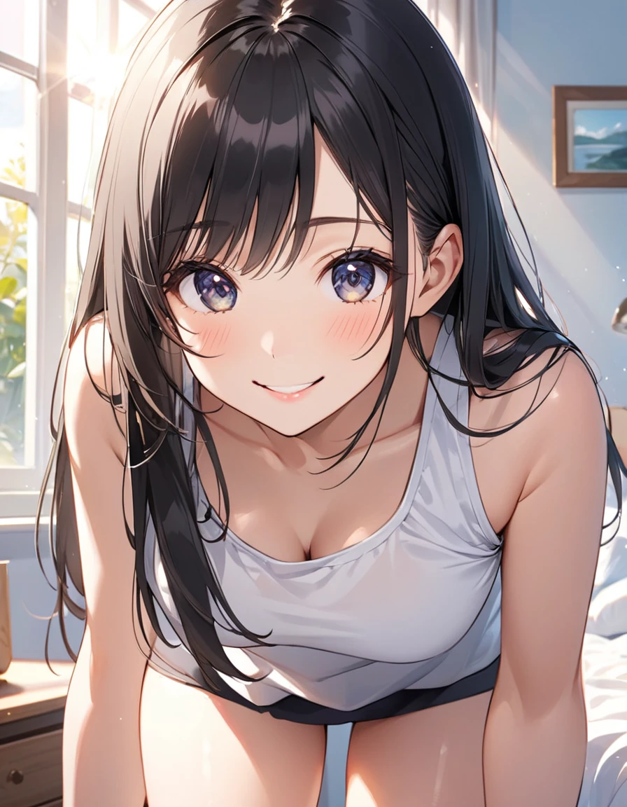 Woman, cute, adorable, smiling, straight hair, long hair, black hair, morning, clear weather, looking at the camera, bedroom, sunlight, tank top, from thighs to head, standing,
(leaning forward:1.2),
bend down,
hands on knees