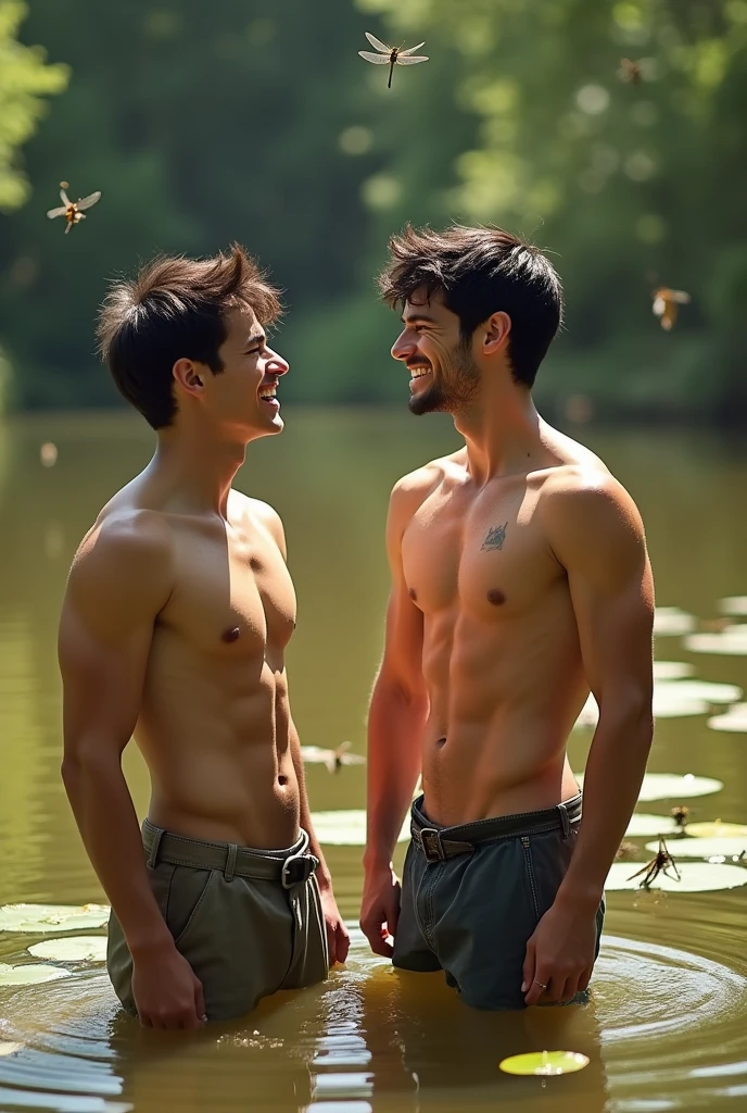 Two handsome young men with beautiful faces, white skin, soft skin, thin, short black hair, shirtless, in a fishing swamp.