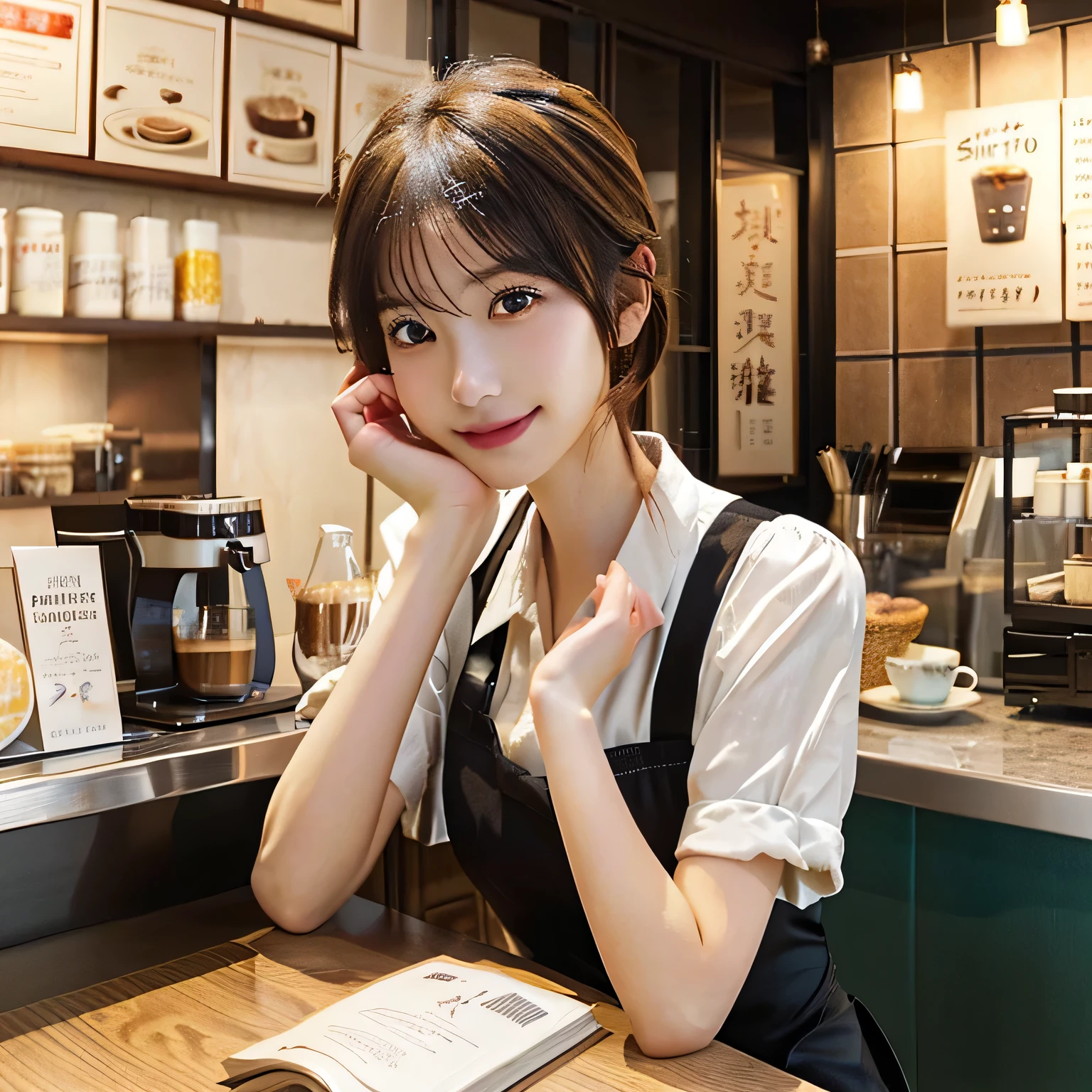 anime  sitting at a table with a book in front of her, mysterious coffee shop , ( waitress ) , honest shinkai art style, shinkai honest, At the counter, honest, honest shinkai style, sayori, honest shinkai. Digital Rendering, Another Iwakura, lofi , Official illustrations