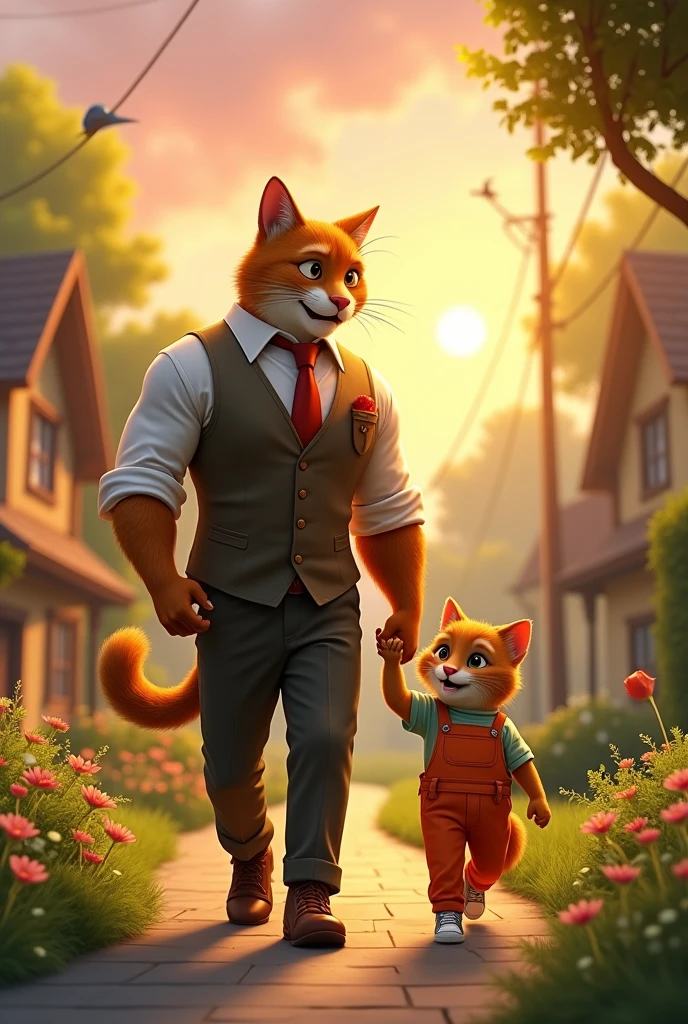 Max father cat with humen body wearing clothes and Oliver a kid wering clothes of humen golden kid walk back home together as the sun begins to riseFrom that day on, Oliver stays close to Max, knowing his father will always protect him.As he grows older, Oliver becomes wise and strong, just like his father, cherishing the bond they share.