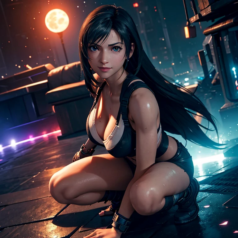 ((Master quality, 8K, masterpiece:1.3, ultra-detailed, high resolution, RAW Photos, detailed , blurry, Actual, hyper realistic, photo, HDR)), BREAK, perfect anatomy, perfect hands, perfect legs, perfect feet, detailed eyes, BREAK, One person alone, ff7r style, tifa lockhart,, beautiful face, beautiful detailed eyes, (dynamic posing ), long hair, ( Round and Stacked Breasts ), Cleavage, seductive smile:1.5, Sweat-soaked skin, BREAK, wearing( ), , Graffiti art, BREAK, ( Random Angle, full-body, ), dynamic angle, , background(Realistic , cinematic lighting, depth of field, night , the full moon,, cyberpunk city atmosphere light particles, , )