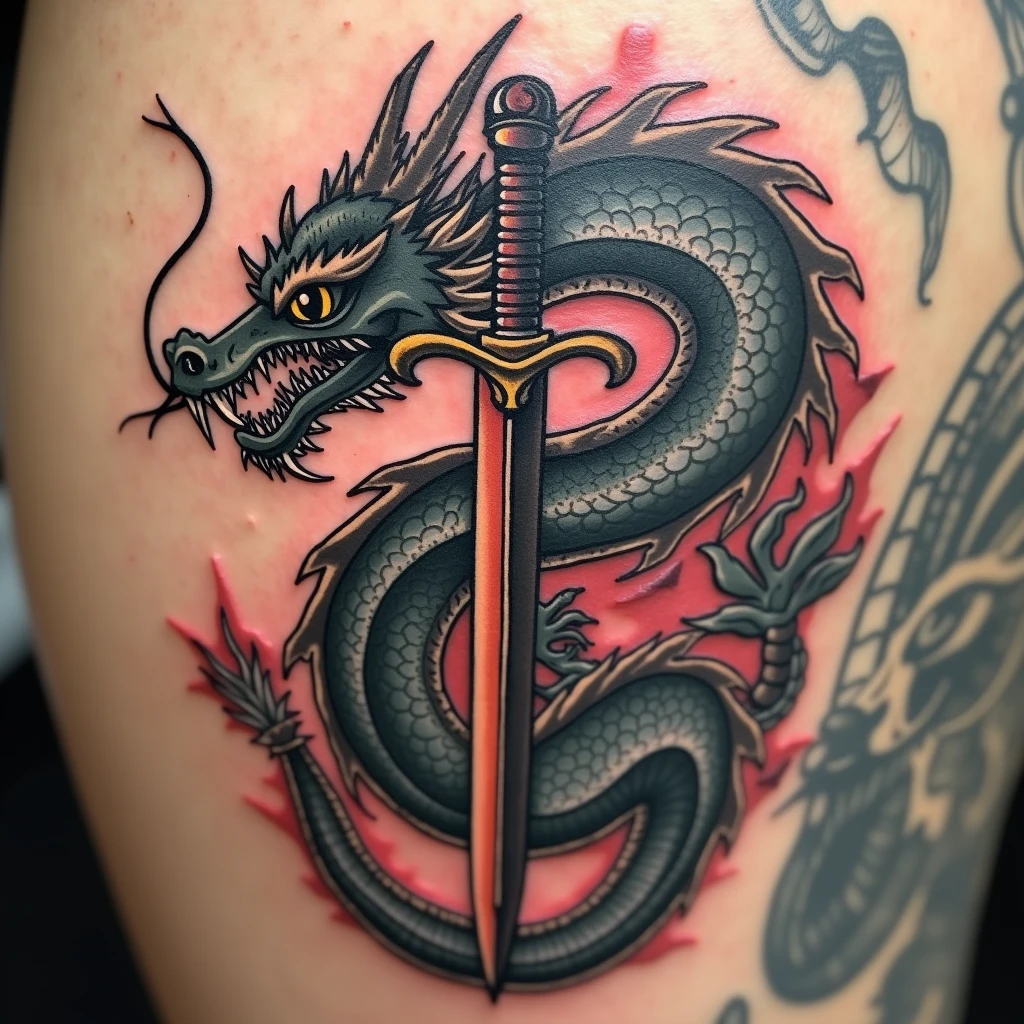 Dragon tattoo around a sword realism