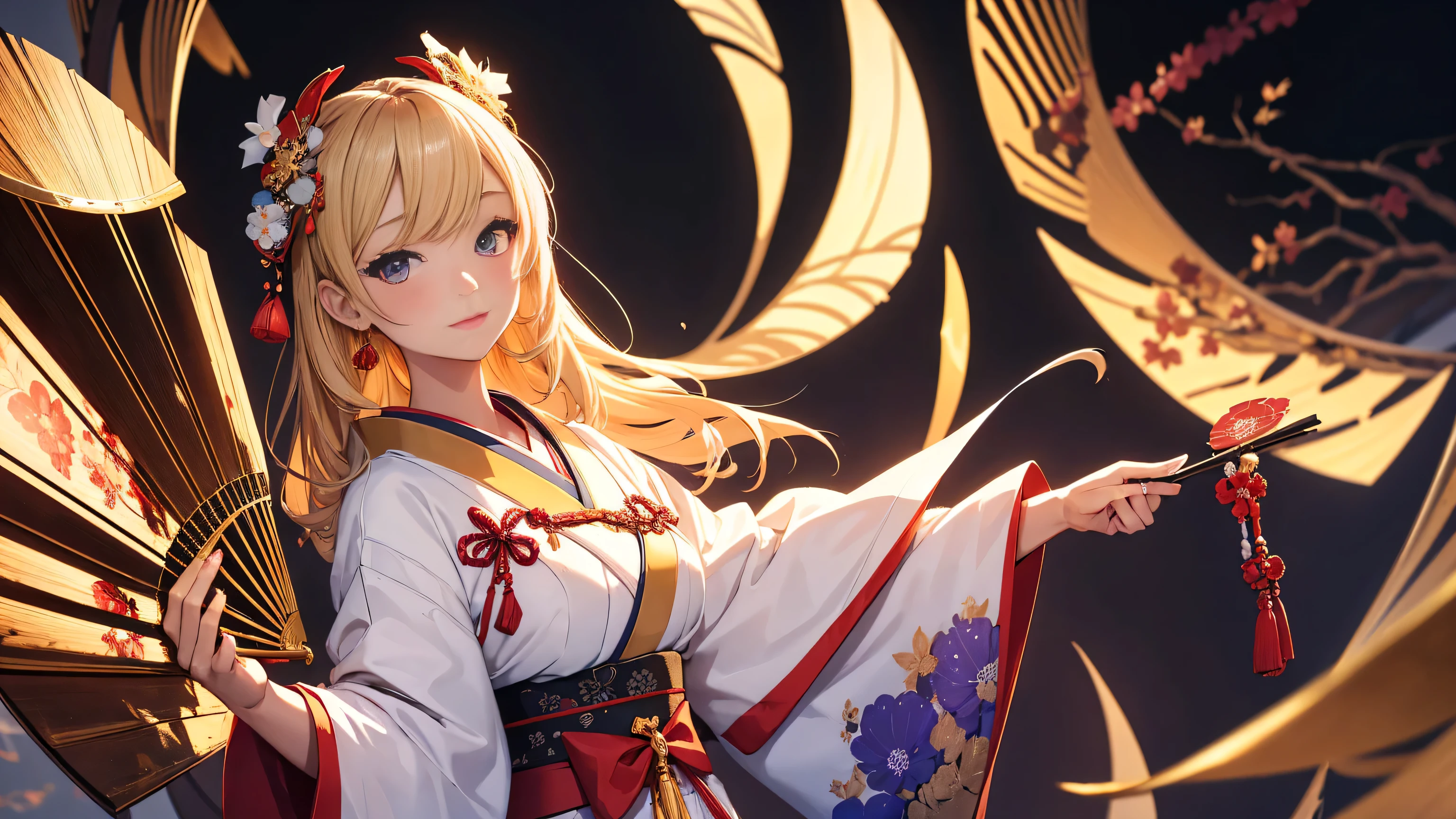 An illustration of a beautiful girl in Japanese traditional clothing, holding a fan and posing.,8K Ultra HD, RAW Photos, Digital Painting, Super detailed, Golden Ratio