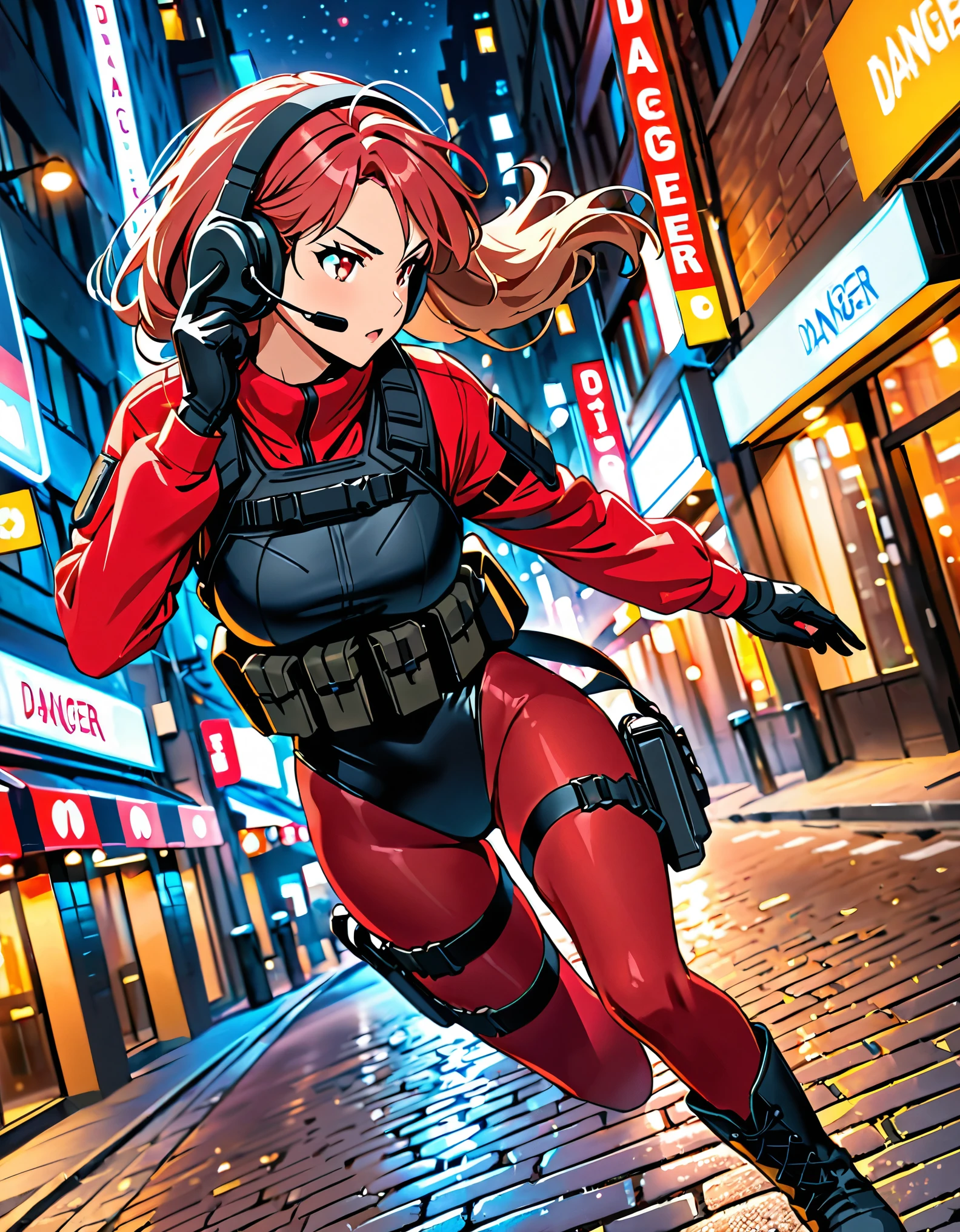 (best quality), (masterpiece), (highres), 1girl, solo, solo focus, tactical headset, black leotard, red sleeves, black gloves, full pantyhose, red pantyhose, black boots, knee boots, tactical gear, holding gun, assault rifle, running, dutch angle, city street background, danger atmosphere, cinematic lighting, nightime