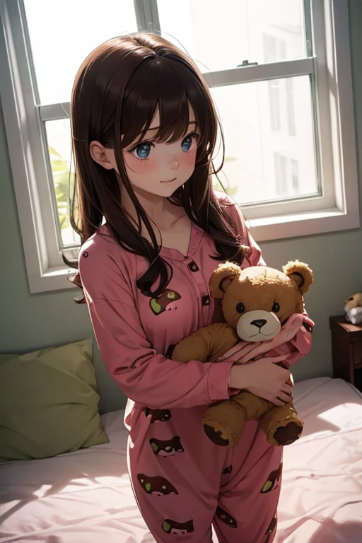 A cute baby in his dinosaur pajamas,Her eyes were ruby red,Her messy brown hair,He holds a teddy bear while he sleeps soundly in his crib as the morning light streams in through the window and illuminates the room