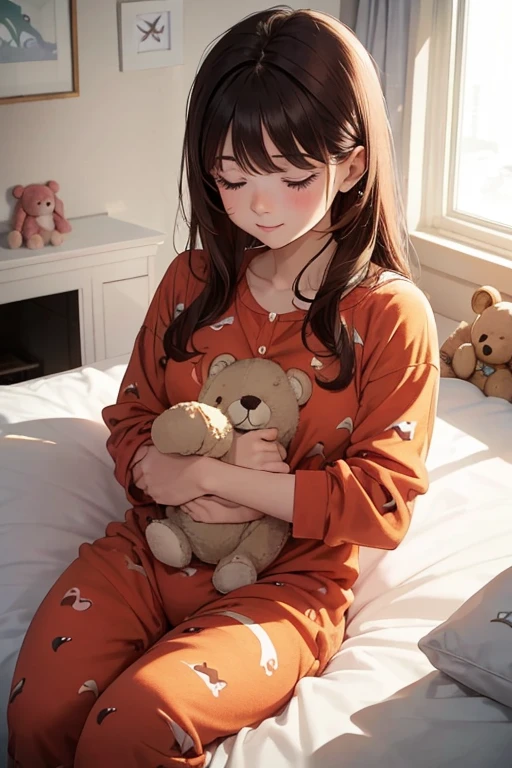 A cute baby in his dinosaur pajamas,Her eyes were ruby red,Her messy brown hair,He holds a teddy bear while he sleeps soundly in his crib as the morning light streams in through the window and illuminates the room