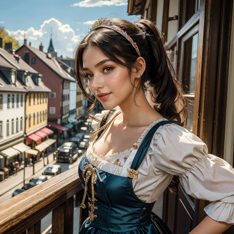 (masterpiece, best quality:1.5), highest quality, High resolution, super detailed, Realists, Bust portrait of a 22-year-old black-haired woman, detailed and beautiful eyes, beautiful detailed lips, very detailed eyes and face, longeyelashes, A 22-year-old woman in a shiny satin dirndl, Beautiful and colorful makeup, elegant and noble々Pose, Hairband, ponytail hairstyle, Munich as a backdrop, bright daylight, bright colors, fine brushstrokes, Portrait style, beautiful color palette, glowing skin, First-class rendering, that captures every detail, enchanting atmosphere, (perfect anatomy:1.2), (The stunning woman wears a dirndl. Smiling in love, In the background, beautiful dirndls hang on the pole. Dressing room. Many women are preparing for the festival (magnificent panorama view:1.2)