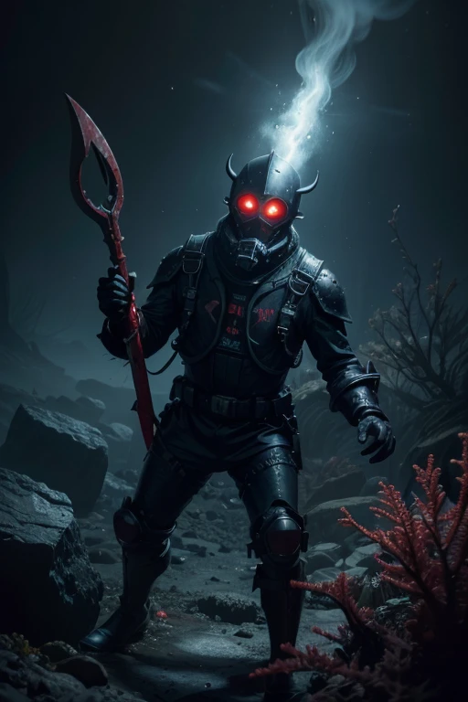 "A sinister and mysterious deep-sea captain, resembling a humanoid with a broken diving helmet. The helmet has glowing red eyes that emit an unsettling, otherworldly light. The figure appears as if an evil sea monster had taken over the rotten, undead body. The captain's skin is pale, partially decomposed, with algae and barnacles growing on him, increasing the horrific appearance. The captain holds a harpoon, standing ominously on the ocean floor amid corals and rocks. The deep ocean floor is dark and menacing, enhancing the eerie and malevolent atmosphere." anime style