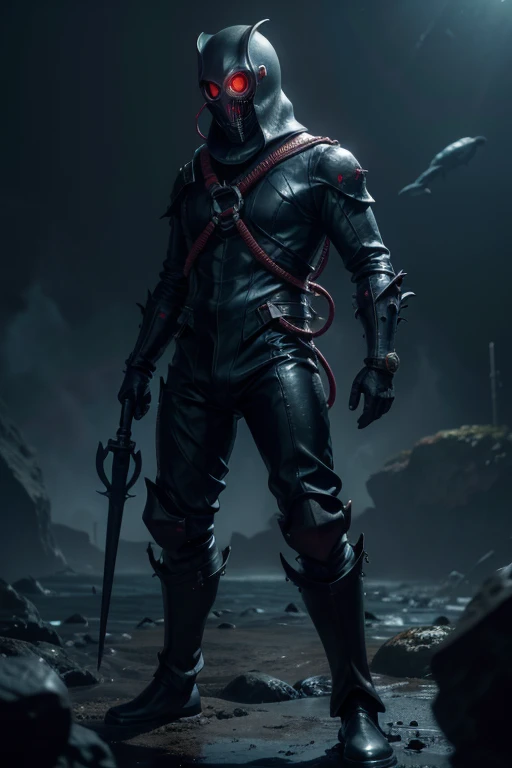 
"A sinister and mysterious deep-sea captain, resembling a humanoid with a broken diving helmet. The helmet has glowing red eyes that emit an unsettling, otherworldly light. The figure appears as if an evil sea monster had taken over the rotten, undead body. The captain's skin is pale, partially decomposed, with algae and barnacles growing on him, increasing the horrific appearance. The captain holds a harpoon, standing ominously on the ocean floor amid corals and rocks. The deep ocean floor is dark and menacing, enhancing the eerie and malevolent atmosphere." anime style 