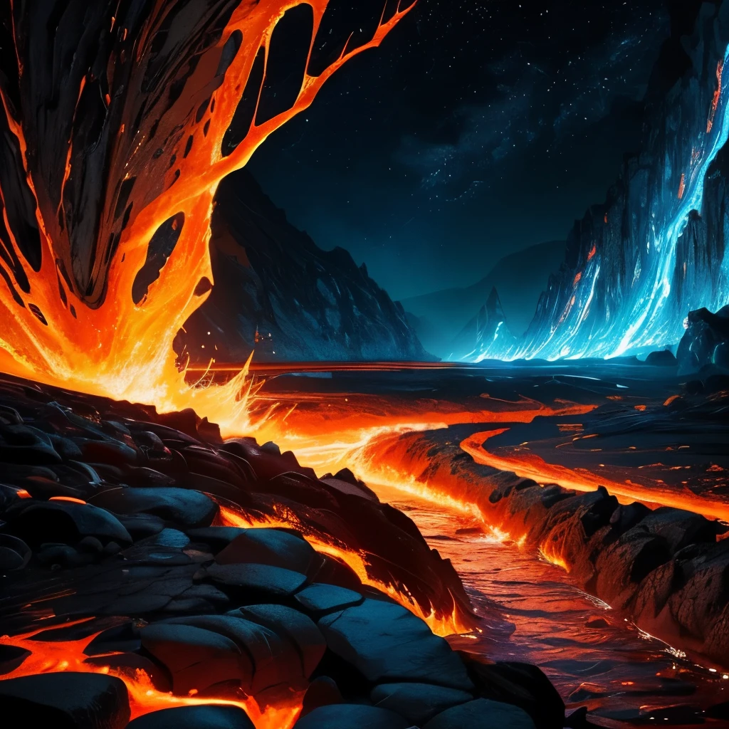 a close up of a lava river with a bright light coming from it, digital art by Ivan Meštrović, tumblr, digital art, cracks of magma, magma and lava, fire lava, fire and lava, volcanic embers, lava rivers, made of lava, lava texture, flowing lava, glowing lava!!!, background of a lava river