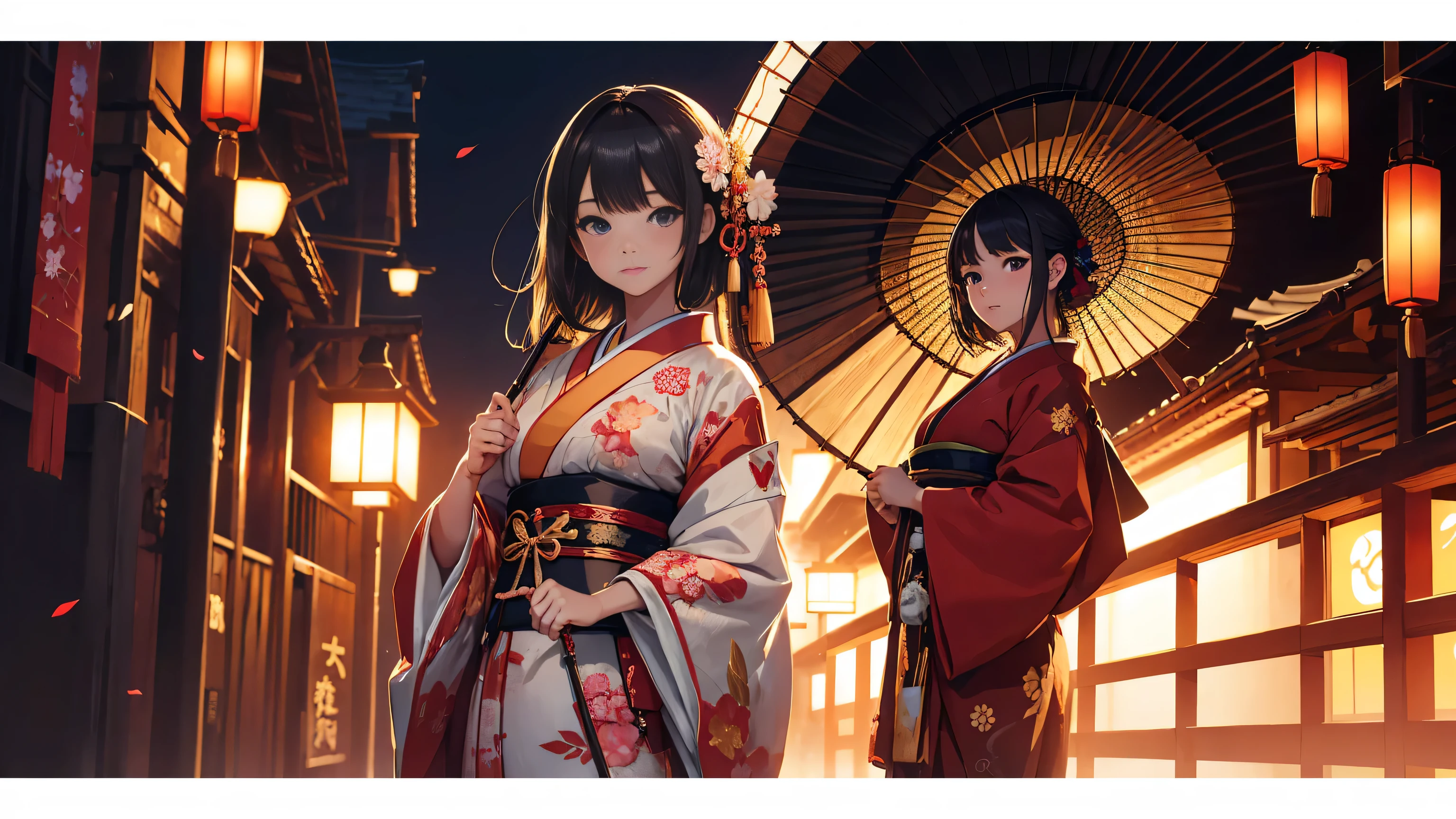 An illustration of a beautiful girl in traditional Japanese clothing holding a Japanese umbrella.,8K Ultra HD, RAW Photos, Digital Painting, Super detailed, Golden Ratio