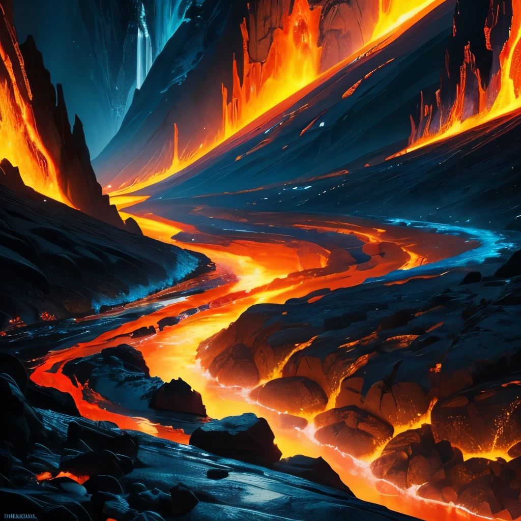 a close up of a lava river with a bright light coming from it, digital art by Ivan Meštrović, tumblr, digital art, cracks of magma, magma and lava, fire lava, fire and lava, volcanic embers, lava rivers, made of lava, lava texture, flowing lava, glowing lava!!!, background of a lava river