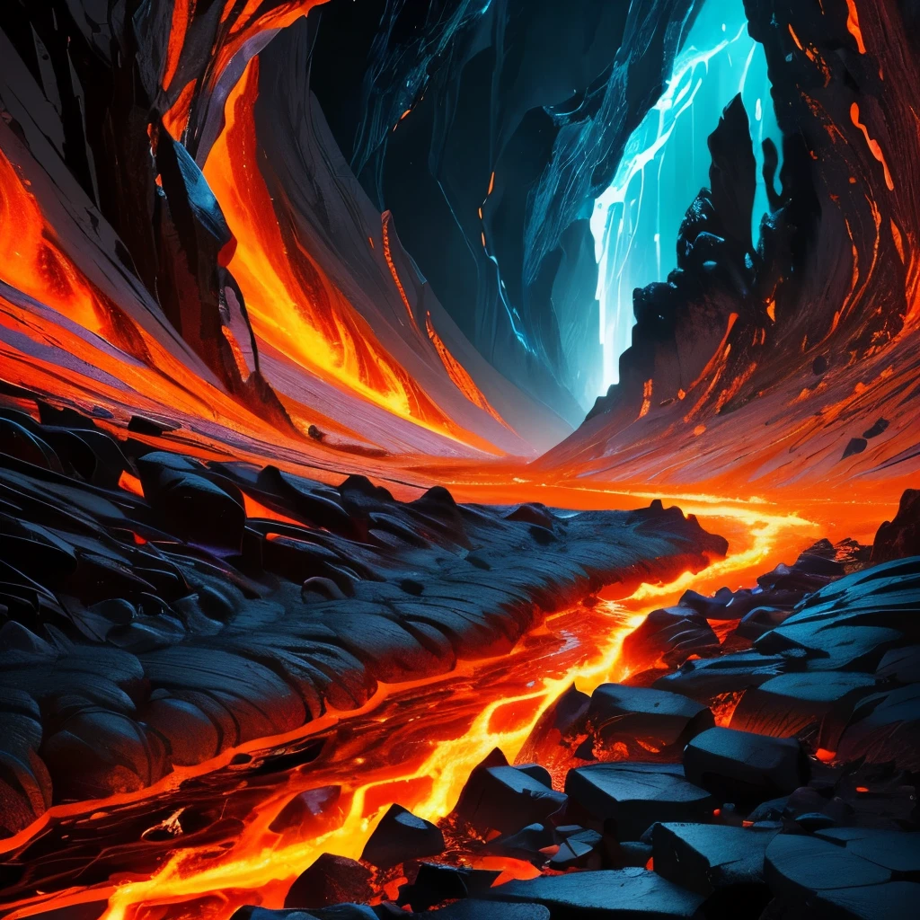 a close up of a lava river with a bright light coming from it, digital art by Ivan Meštrović, tumblr, digital art, cracks of magma, magma and lava, fire lava, fire and lava, volcanic embers, lava rivers, made of lava, lava texture, flowing lava, glowing lava!!!, background of a lava river