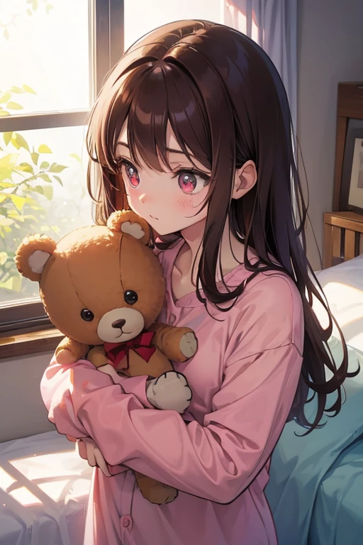 A cute in his dinosaur pajamas,Her eyes were ruby red,Her messy brown hair,He holds a teddy bear while he sleeps soundly in his crib as the morning light streams in through the window and illuminates the room