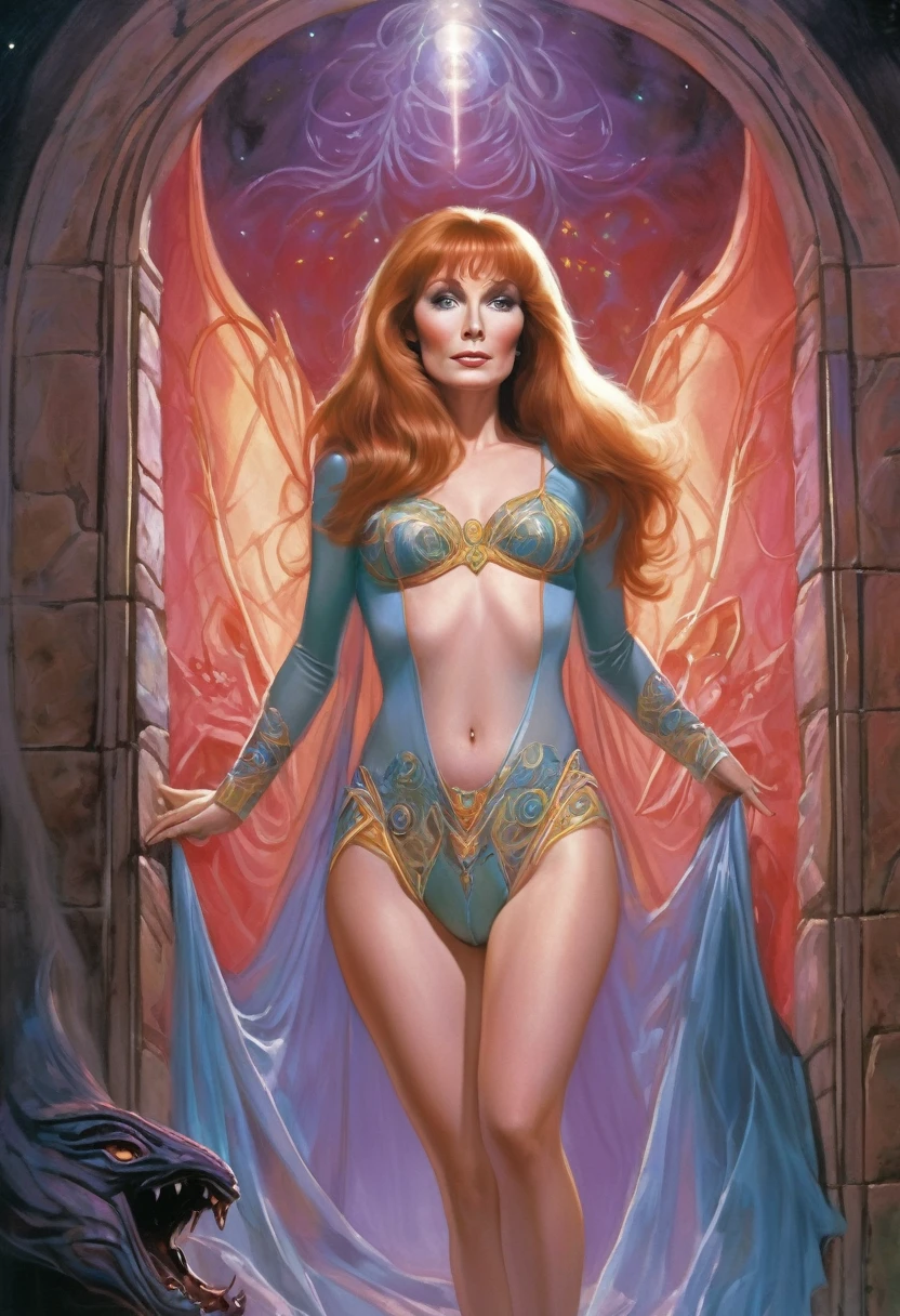 Beverly Crusher(age 25, young and vibrant), elf maiden, (sheer colorful embroidered lingerie no underwear) entranced, entering a mystic chamber with demons crawling up the walls, viewed from low angle, butt focus