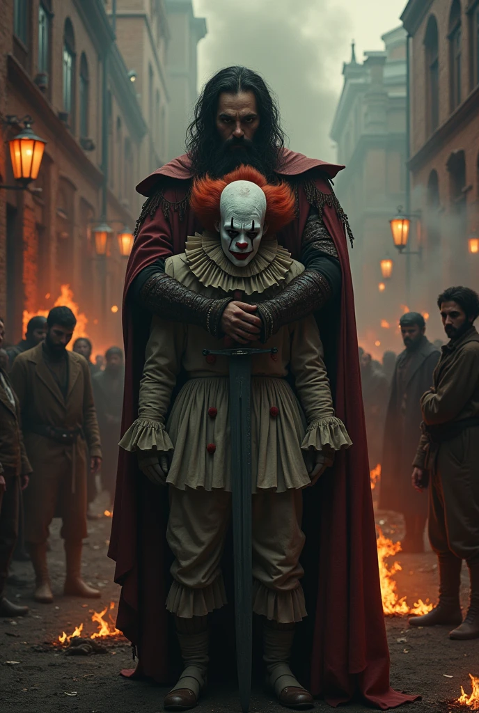 A very sad clown, behind burning circus, surrounded by homeless  people. 3D isometric effect ultra-detailed intricate insanely full HD, full body portrait, hyperrealist artwork, cloak, surreal scene, photorealistic digital painting cinematic film light, expressive eyes, golden ratio, volumetric modeling, spotlight embroidery, accents, intense gaze, crying, , low-angle shot, panoramic shot, close-up portrait, Dynamic combat  pose bearded devil  oni  warrior golden intricate details insanely leather raincoat hooded, armored with a sword in his hand, , close-up portrait, 3D effect ultra-detailed intricate insanely full HD, golden ratio, volumetric modeling, surrounded by temple garden, spotlight embroidery, accents, intense gaze, digital painting cinematic film light, expressive eyes, ultra-realistic, ultra detailed, photorealistic, , , low-angle shot,broken  red bricks wall behind with intricate  details of the diorama , dramatic angle, extreme angle shot, wide-angle shot, close-up 