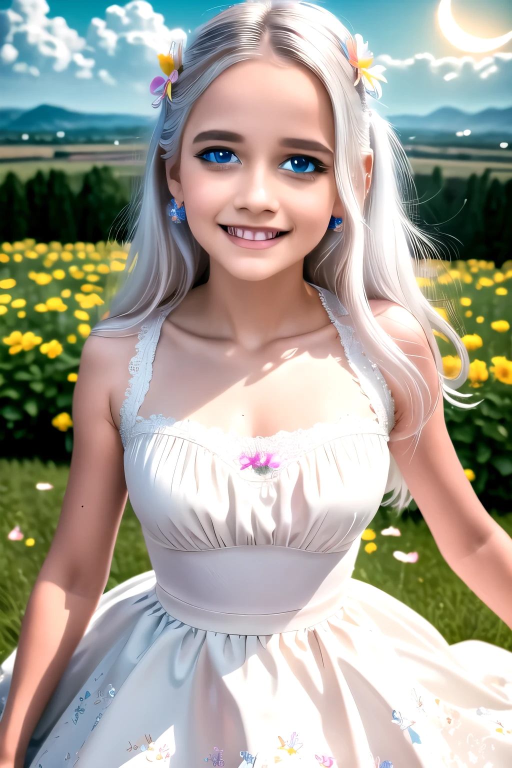 masterpiece, best quality, 1girl, (colorful),(finely detailed beautiful eyes and detailed face),cinematic lighting,bust shot,extremely detailed CG unity 8k wallpaper,white hair,solo,smile,intricate skirt,((flying petal)),(Flowery meadow) sky, cloudy_sky, building, moonlight, moon, night, (dark theme:1.3), light, fantasy,