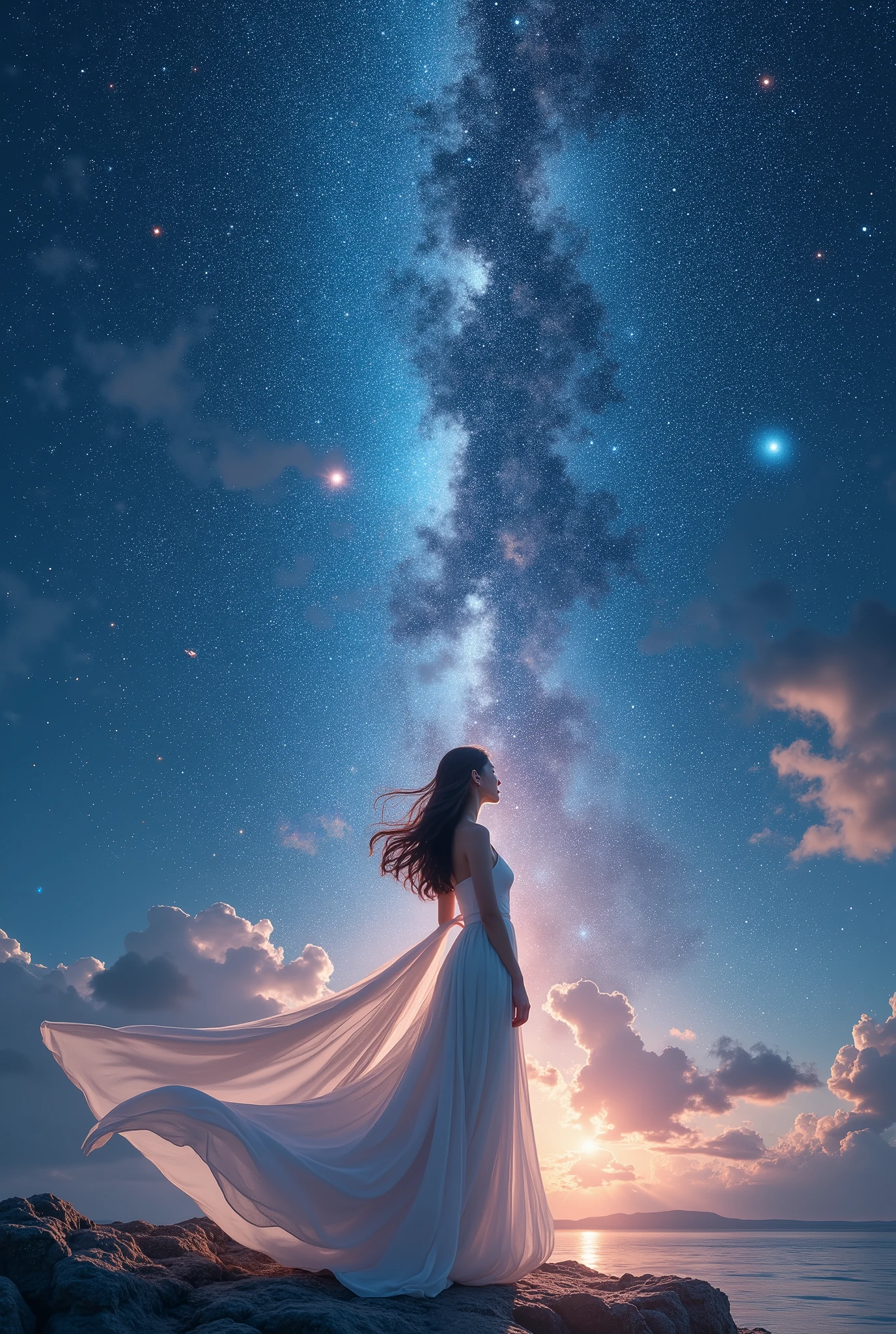 (p(best quality, 4k, high resolution), vietnamese girl, beautiful girl with enchanting eyes, hot body, big breasts, looking at the beautiful galaxy, sparkling stars, gentle cosmic colors, elegant atmosphere, peaceful serenity, celestial wonders, wonderful universe, beauty of stars, romantic stardust, celestial portrait, cosmic perspective, amazing cosmic art, galactic elegance, transcendent charm, celestial goddess, cosmic enchantment, cosmic girl admiring the magnificent galaxy, cosmic dream world, galactic dream, cosmic masterpiece: 1.2, upper body, long skirt, standing, floating
